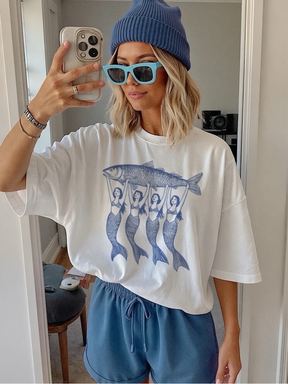 Mermaids Sardines Coastal Aesthetic Tinned Fish Tee, Trendy Italian Summer Tee